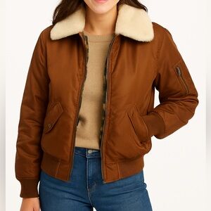 Anthropologie NVLT Faux Fur Collar Padded Bomber Jacket Chocolate Brown